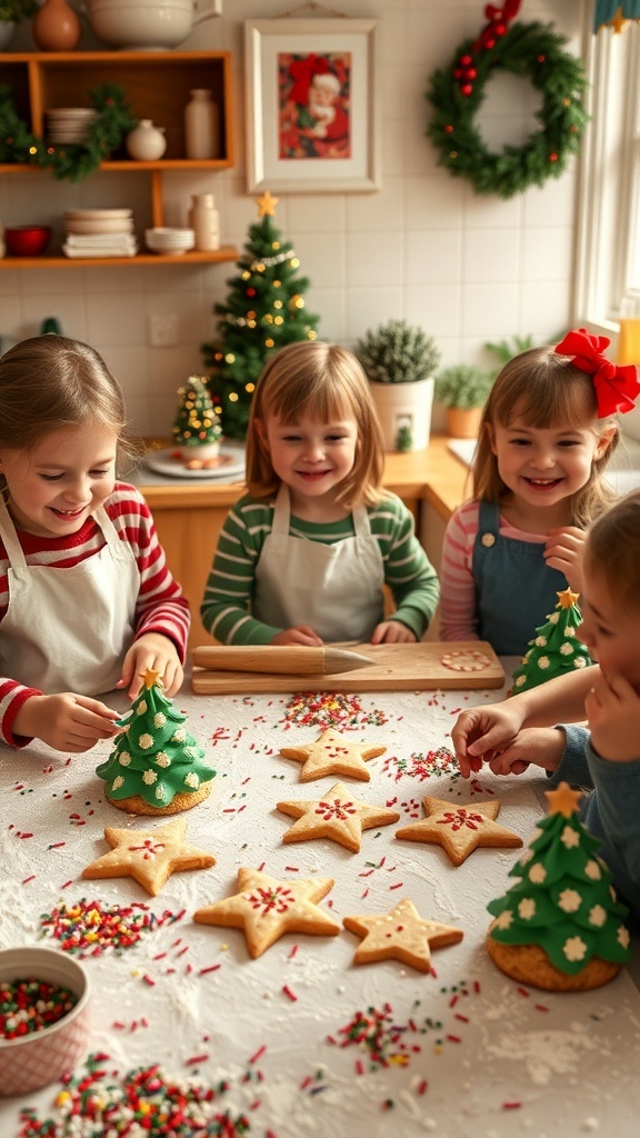 Children baking Christmas cookies and cupcakes in a festive kitchen.